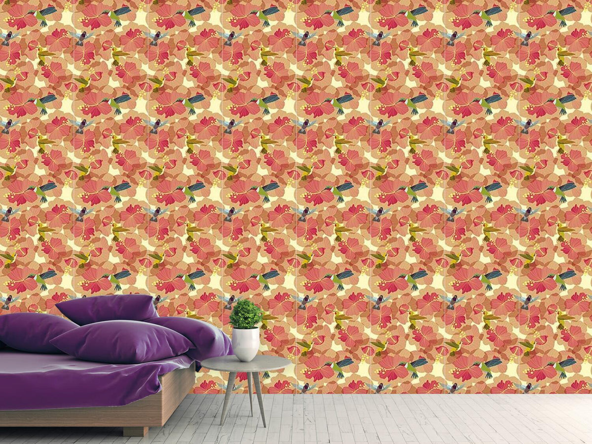 patterned-wallpaper-hummingbird-marriage-on-hibiscus