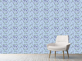 patterned-wallpaper-flamingos-under-blossoms